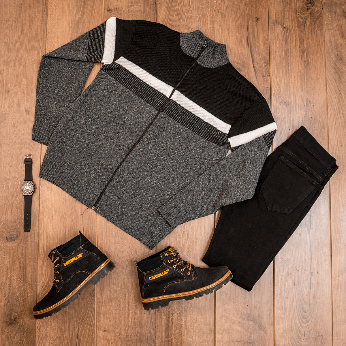 بافت مردانه زیپ دار دورنگ مشکی طوسی مدل shadima