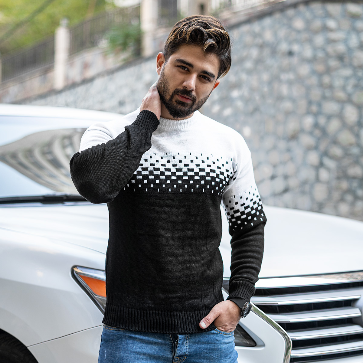 پلیور مردانه دو رنگ سفید مشکی مدلShatel