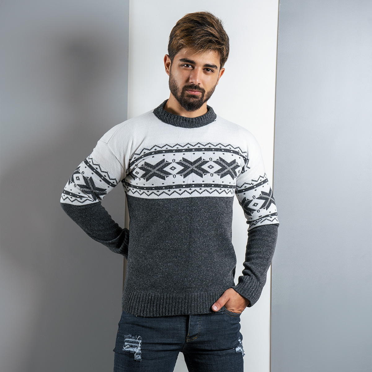 پلیور مردانه (T) سفید ذغالی مدل Servin