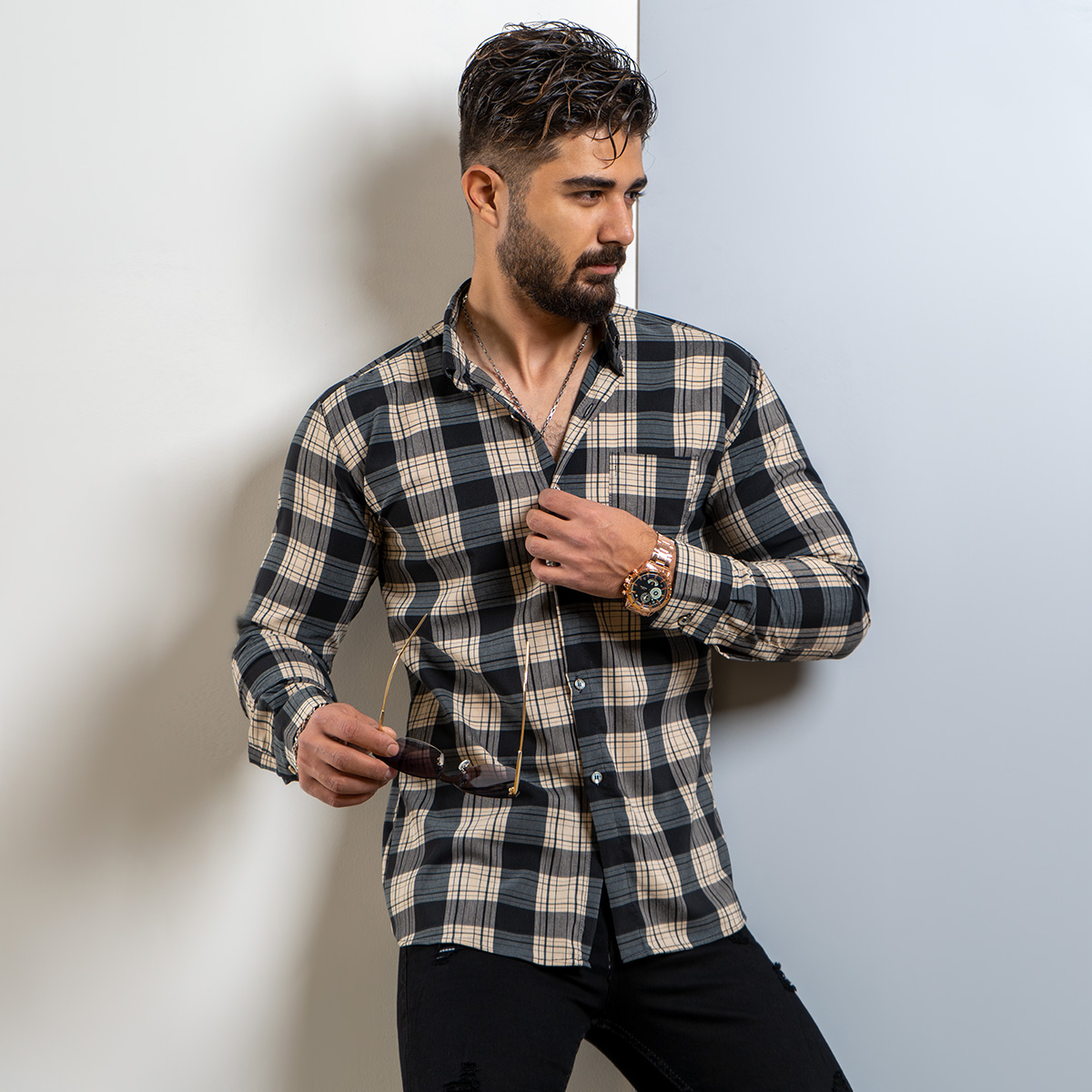 پیراهن چهارخونه کرم طوسی مردانه مدل amir