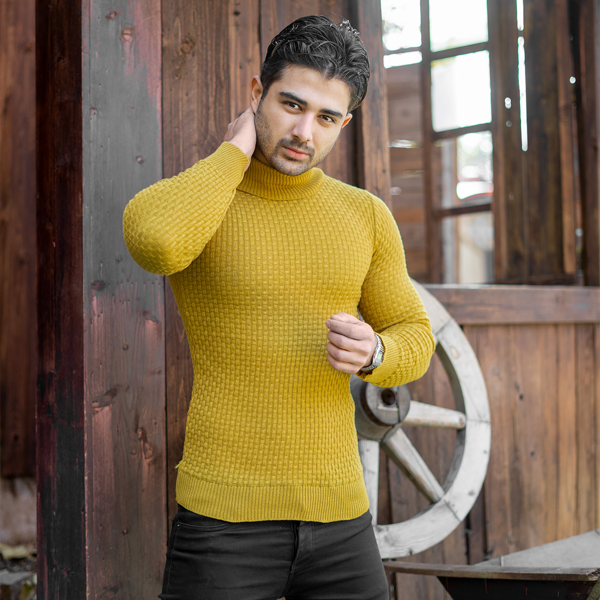 پلیور یقه اسکی مردانه خردلی مدل Oktav