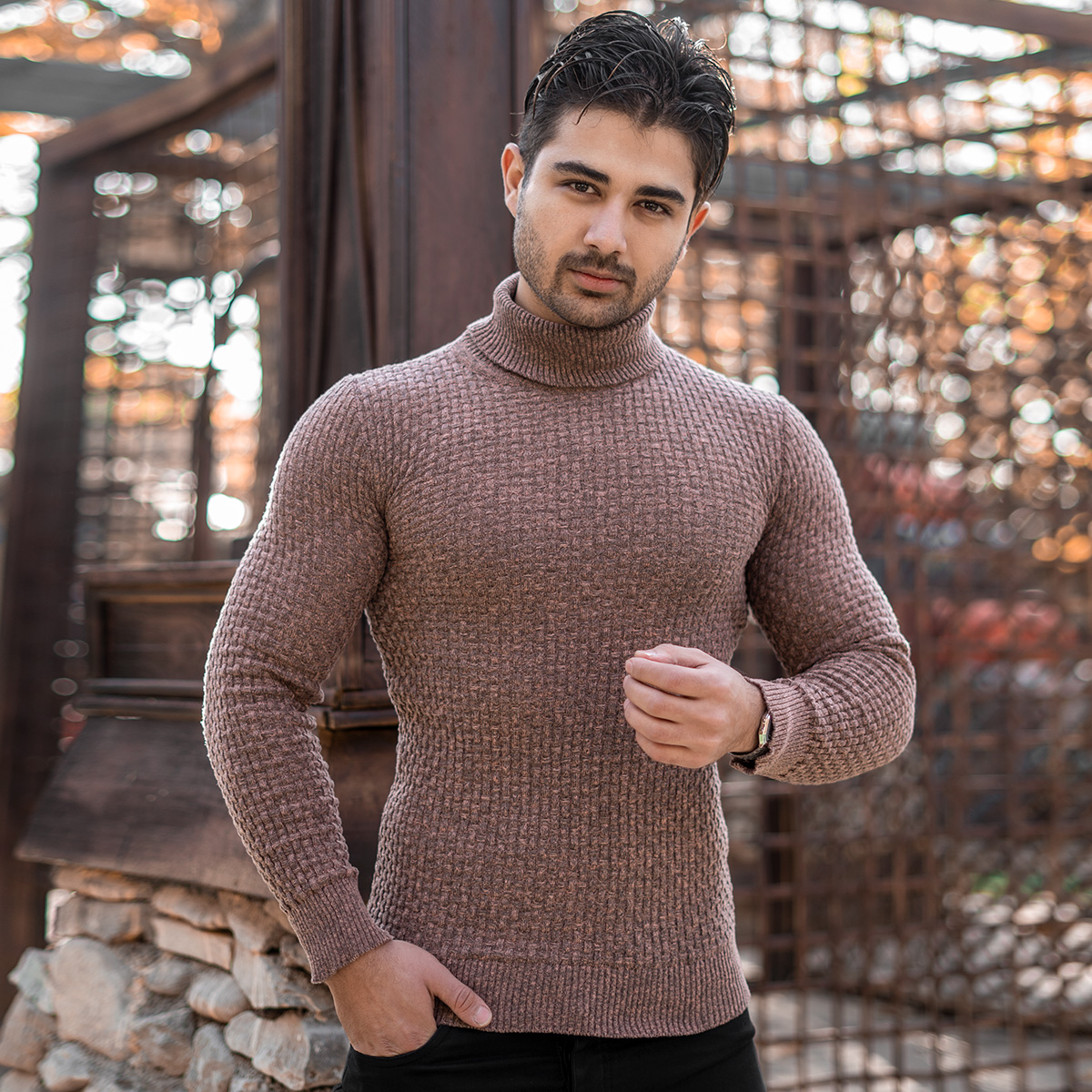 پلیور یقه اسکی مردانه قهوه ای مدل Oktav