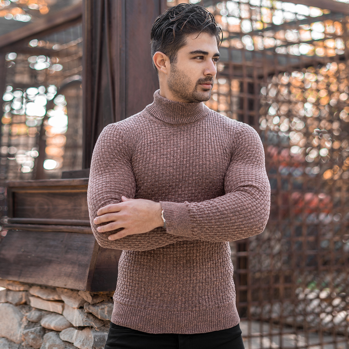 پلیور یقه اسکی مردانه قهوه ای مدل Oktav