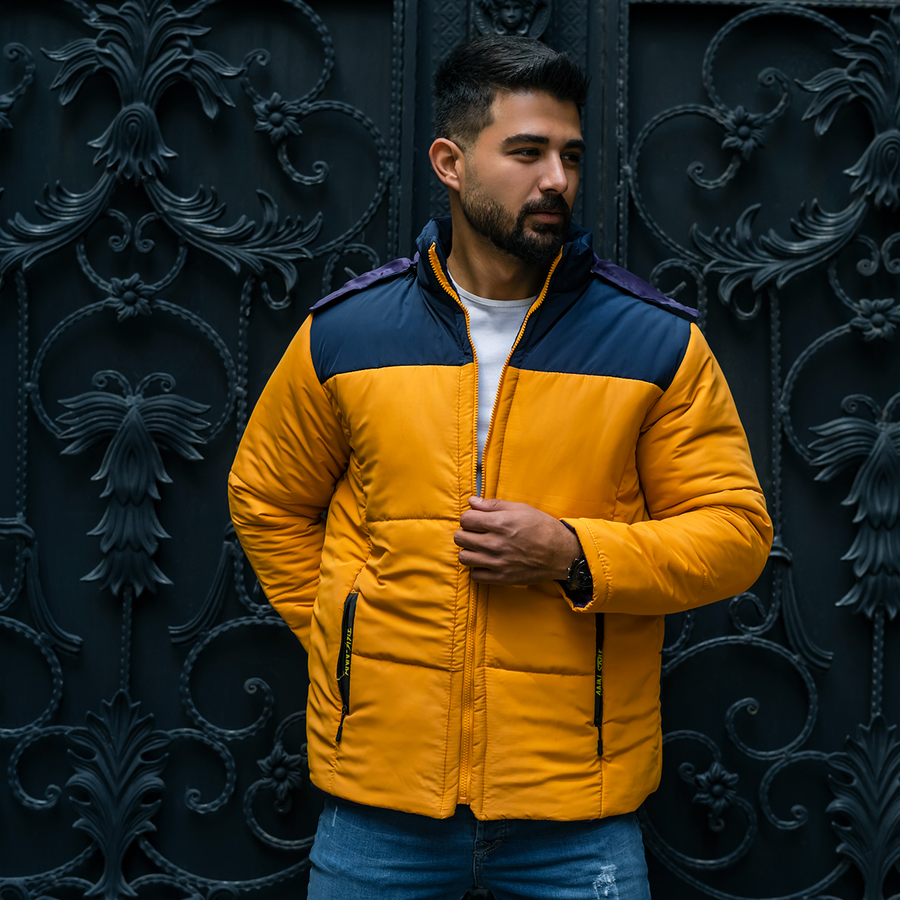 کاپشن دورنگ سرمه ای زرد مردانه مدلAidin