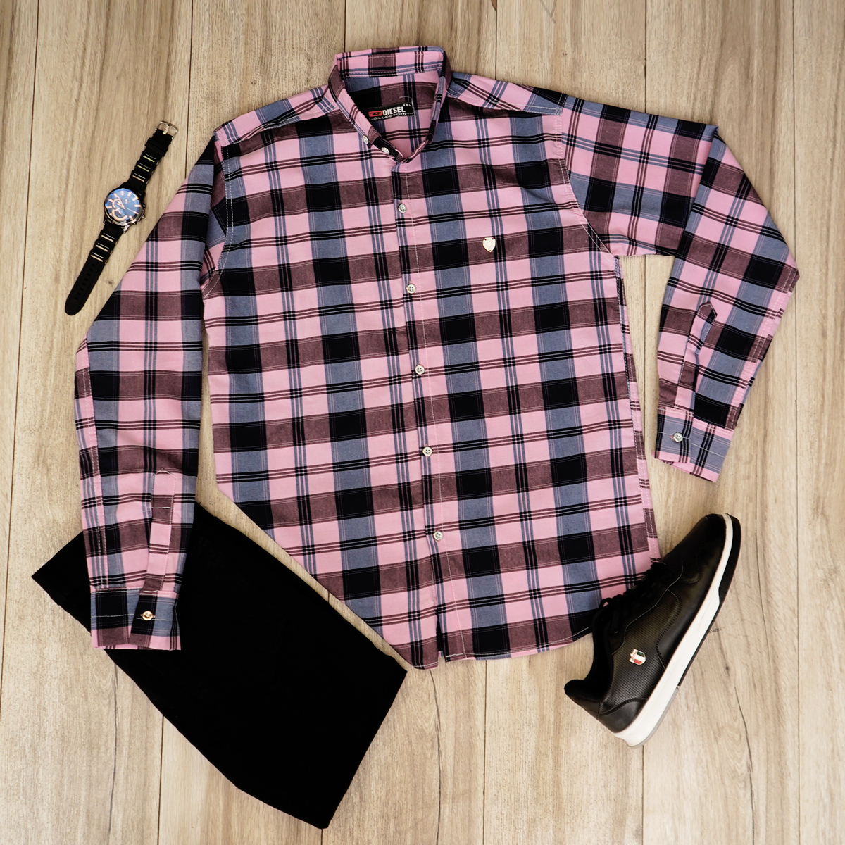 پیراهن مردانه چهارخونه صورتی مدل yami