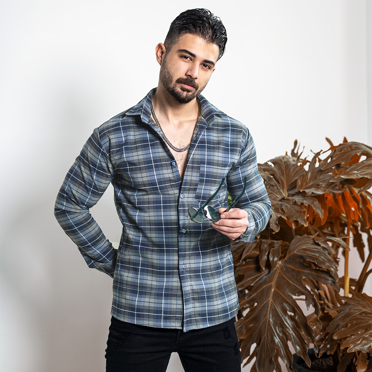 پیراهن چهارخانه آبی تیره سرمه ای مردانه مدلDivan