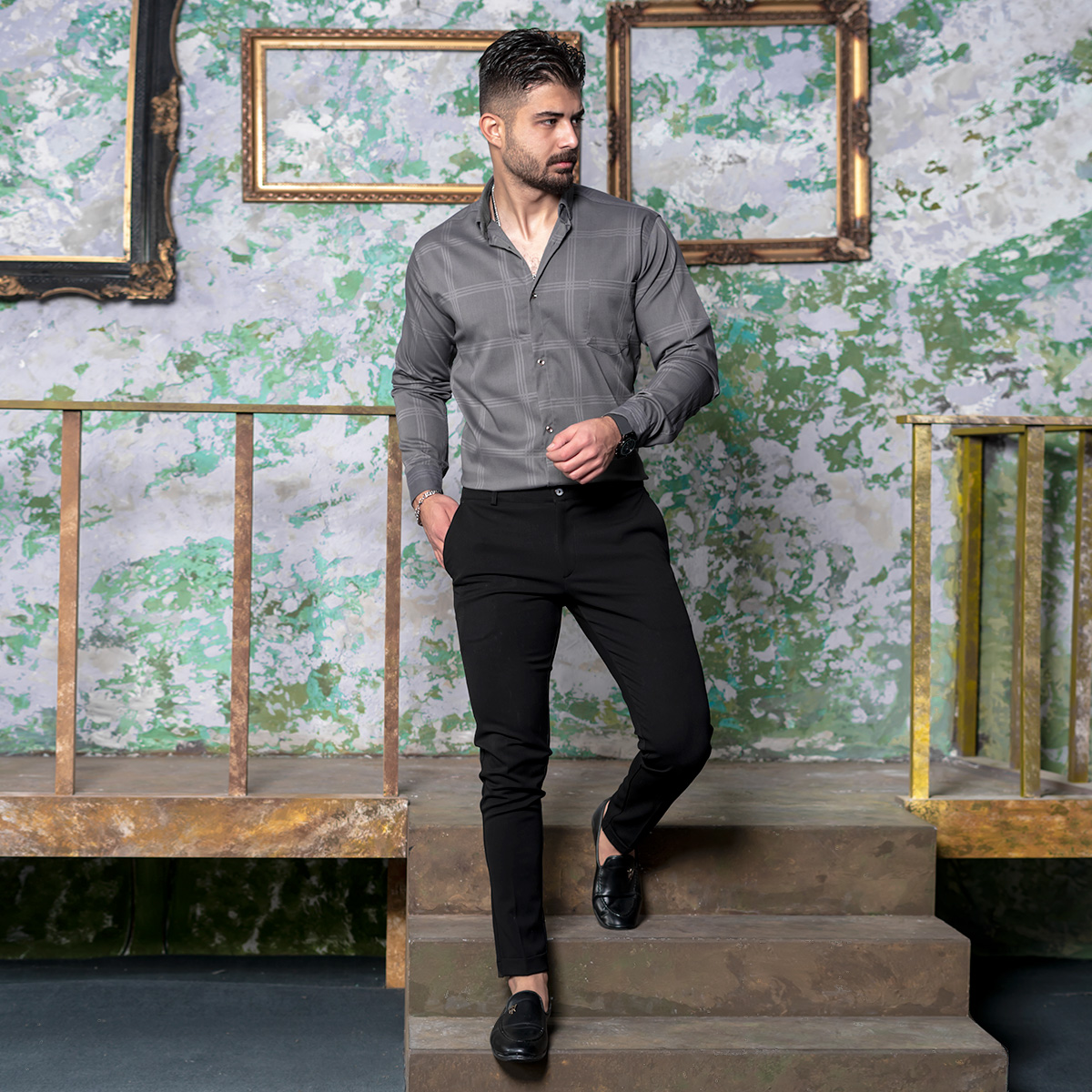 پیراهن مردانه چهارخونه طوسی مدل Ravin