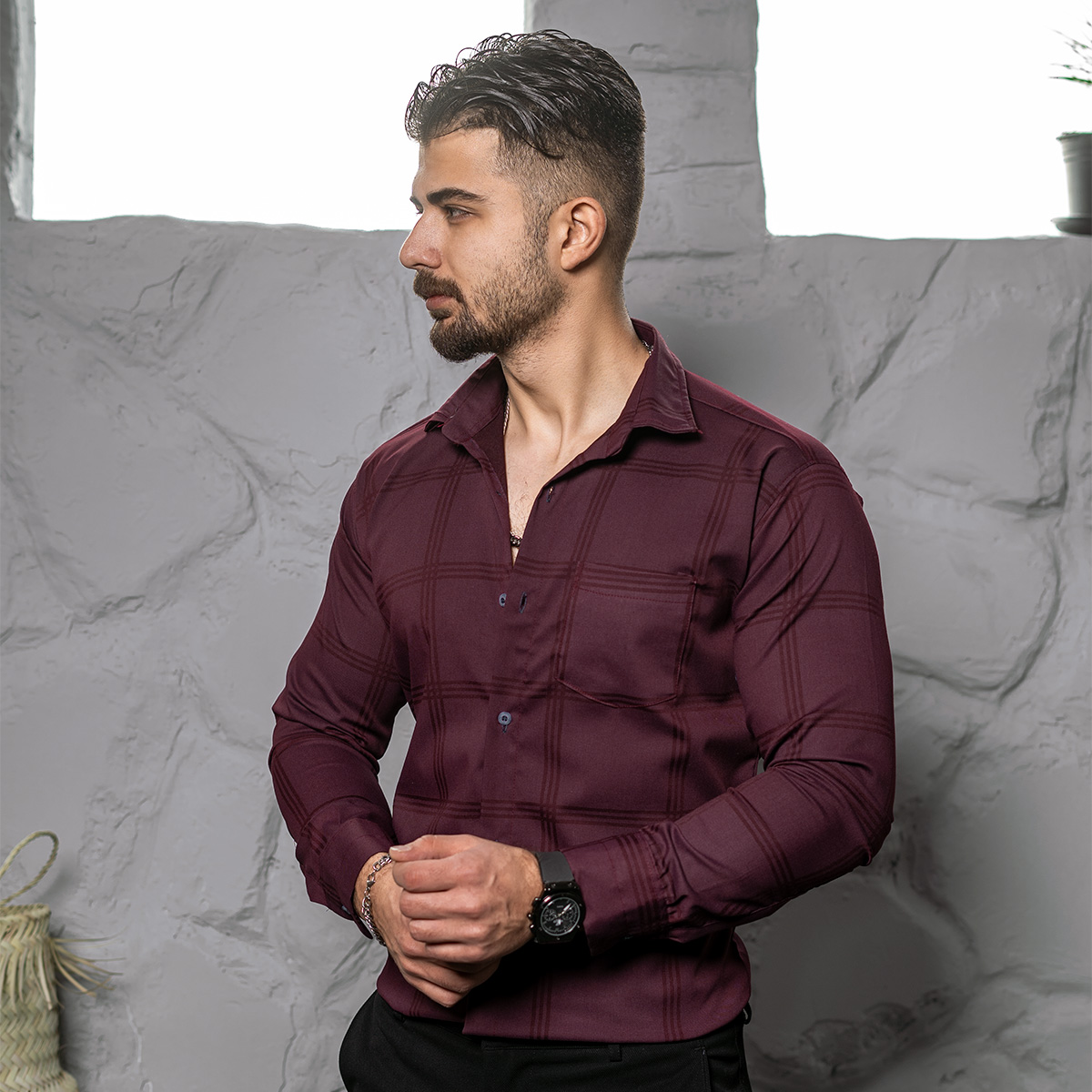 پیراهن مردانه چهارخونه زرشکی مدل Ravin