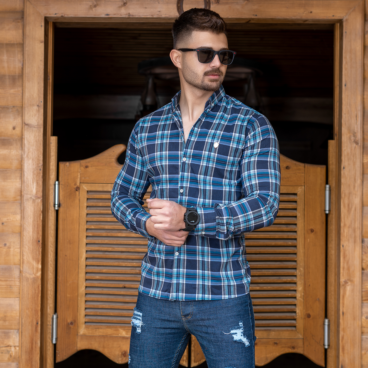 پیراهن چهارخونه سرمه ای آبی مردانه مدل katin