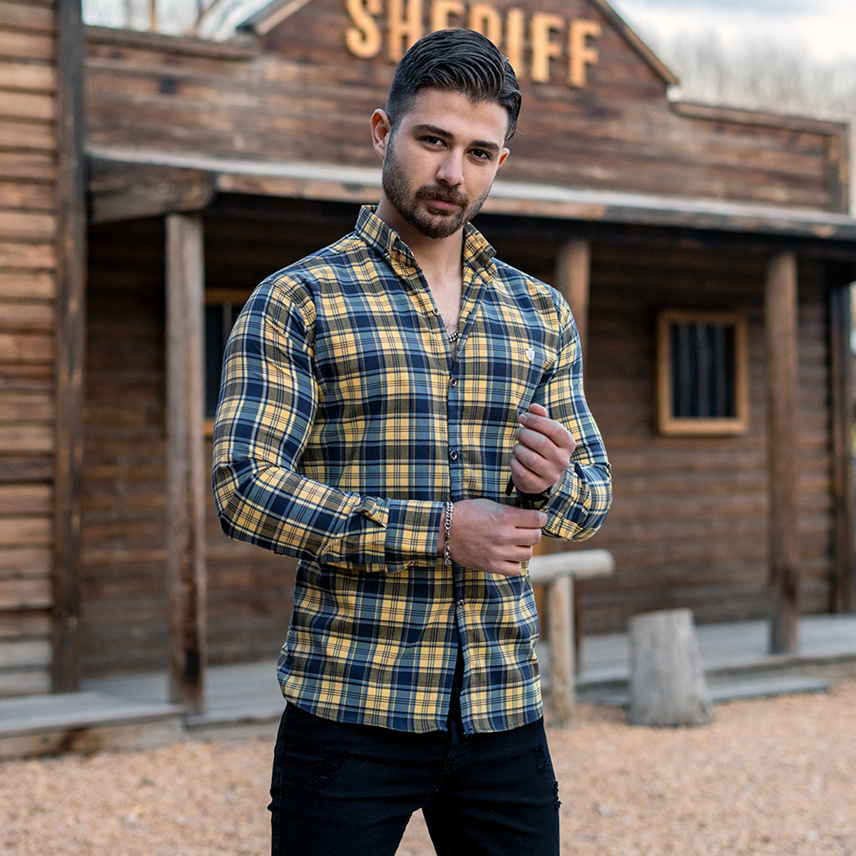 پیراهن چهارخونه سرمه ای زرد مردانه مدل katin