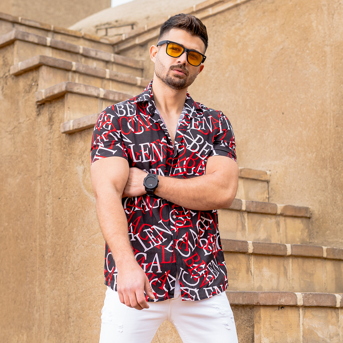 پیراهن هاوایی مردانه مشکی قرمز مدل ABC