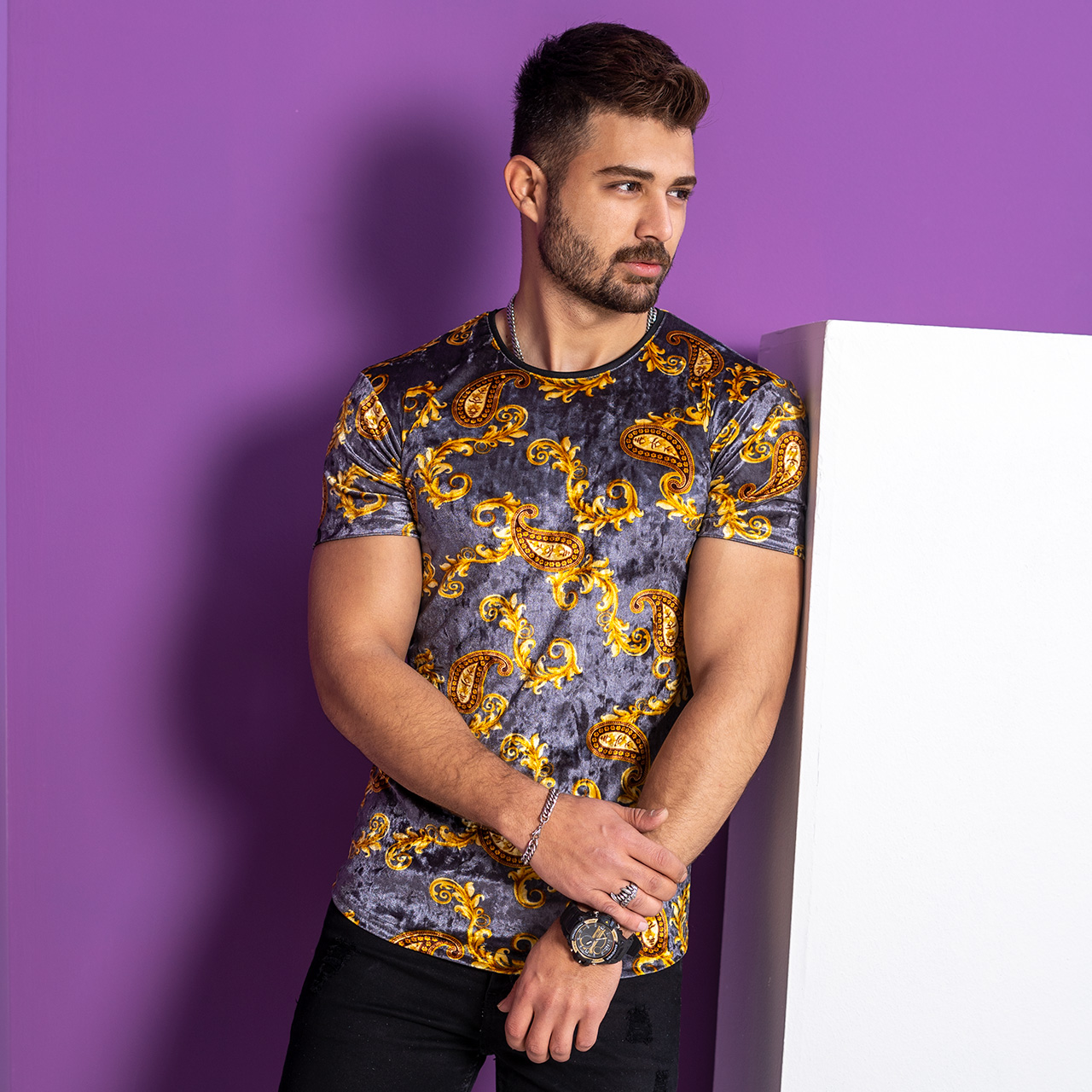 تیشرت مخمل طوسی مردانه مدل H59