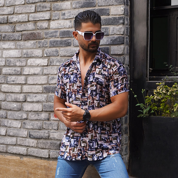پیراهن هاوایی آبرنگی مربعی مردانه مدل T22