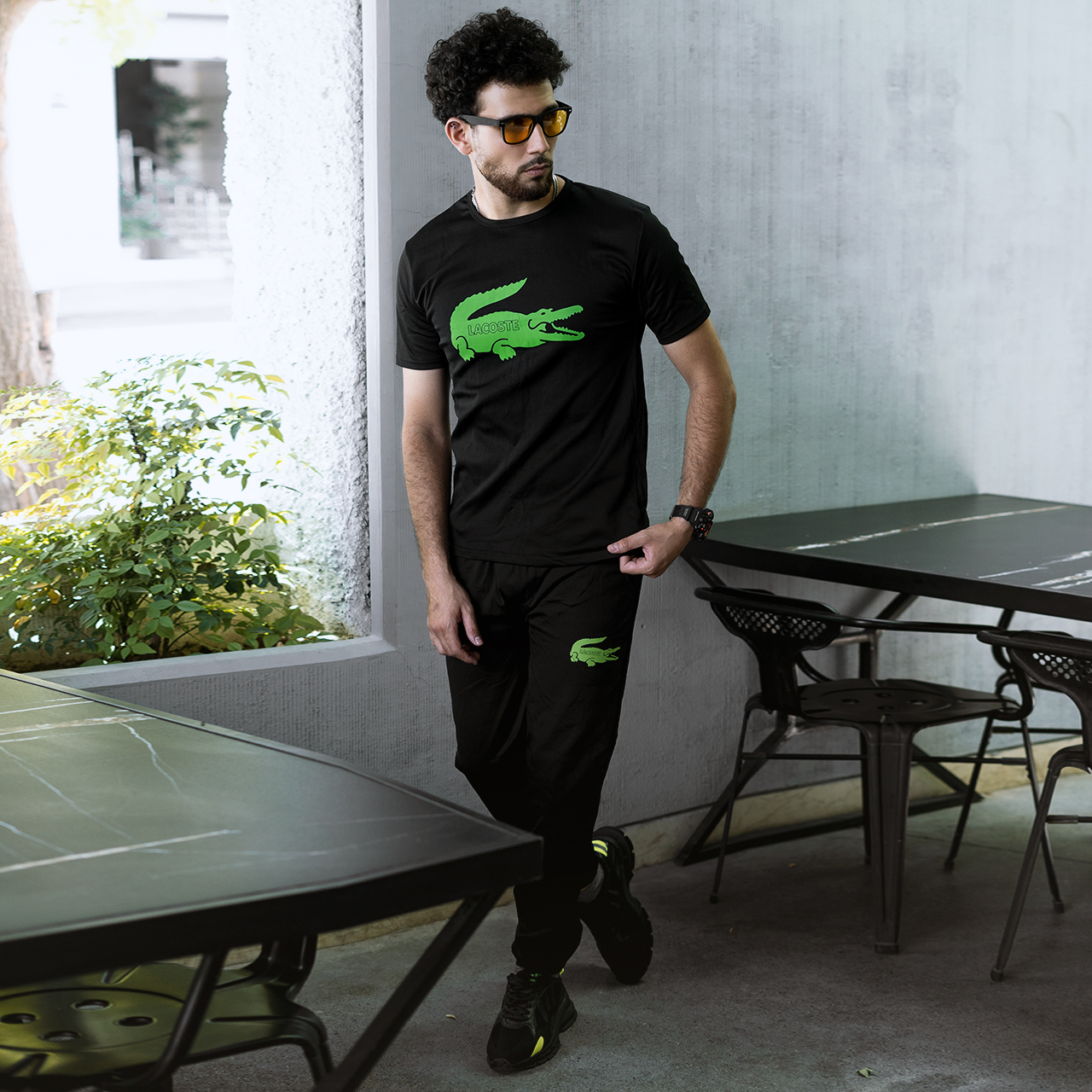 ست تیشرت شلوار لاگوست مشکی مدلRE200