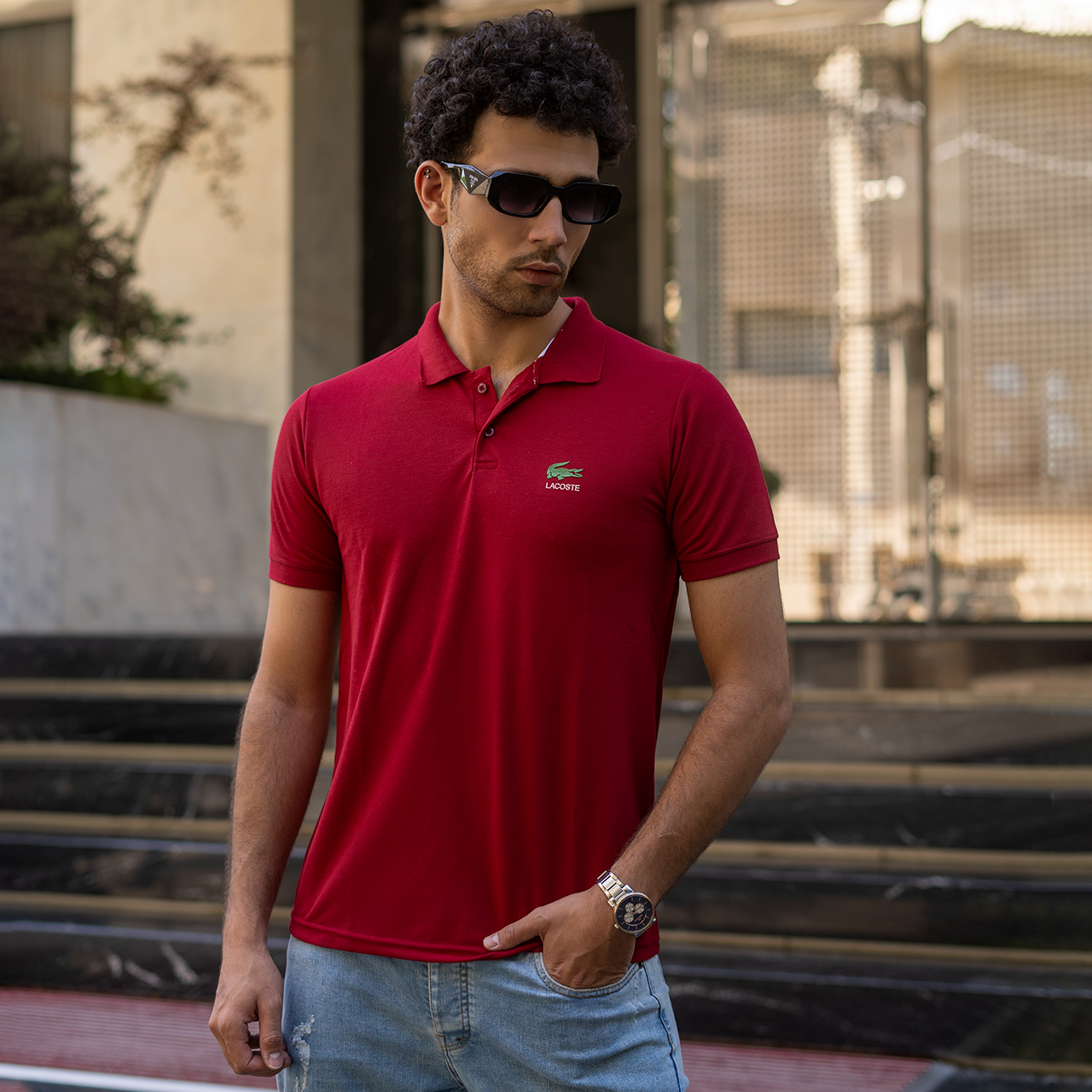 تیشرت مردانه Lacoste جودون-زرشکی مدل Mahyar