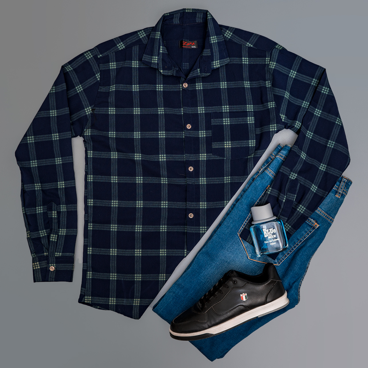 پیراهن چهارخونه مردانه سرمه ای مدل B18