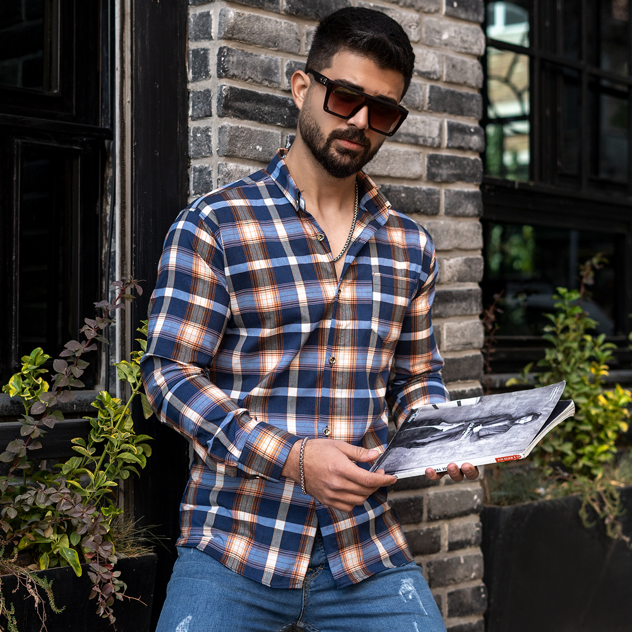 پیراهن مردانه سرمه ای نارنجی مدل Redi