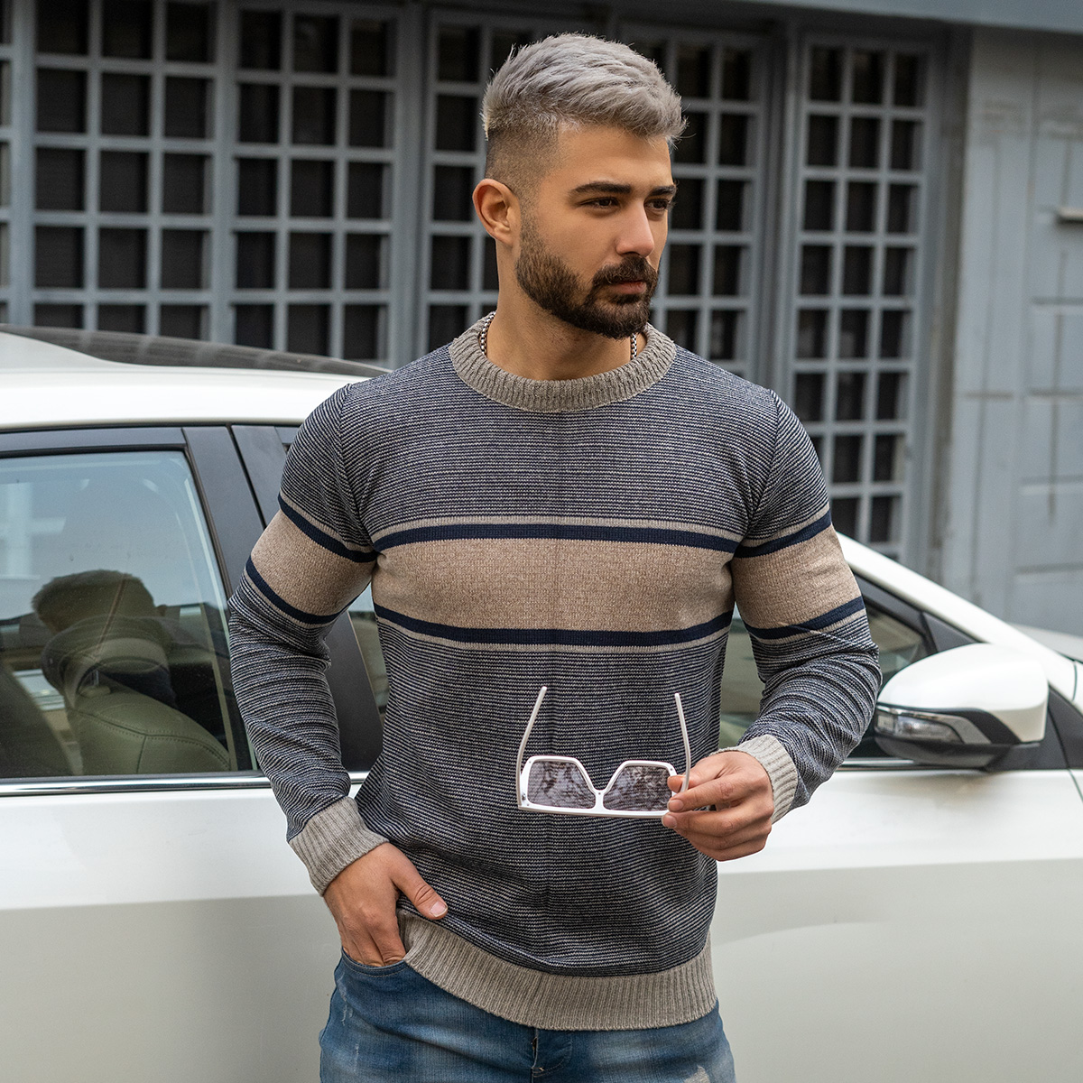 پلیور مردانه کرم- طوسی مدل Madis