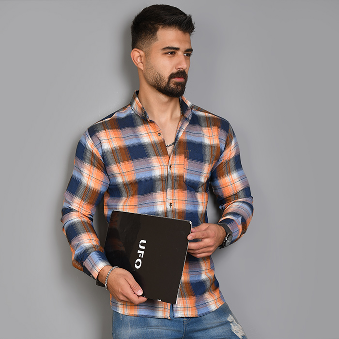 پیراهن مردانه چهارخونه نارنجی سرمه ای مدل Robert