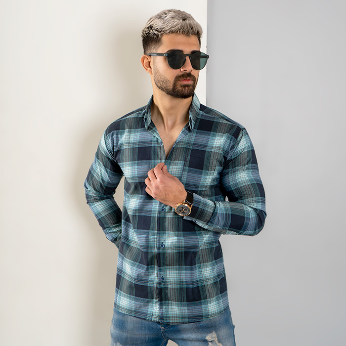 پیراهن مردانه چهارخونه سبز سرمه ای مدل Hesam