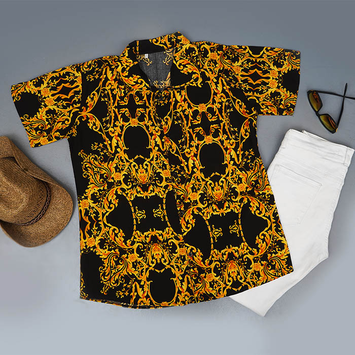 پیراهن هاوایی مشکی زرد مردانه مدل Florida