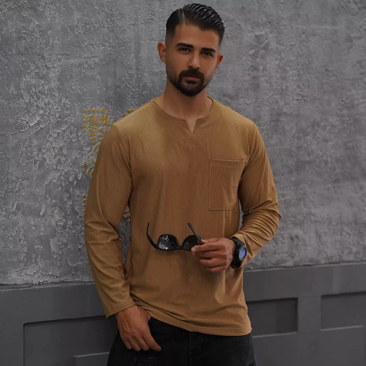 تیشرت آستین بلند یقه کوبایی کرم مردانه مدل Asam