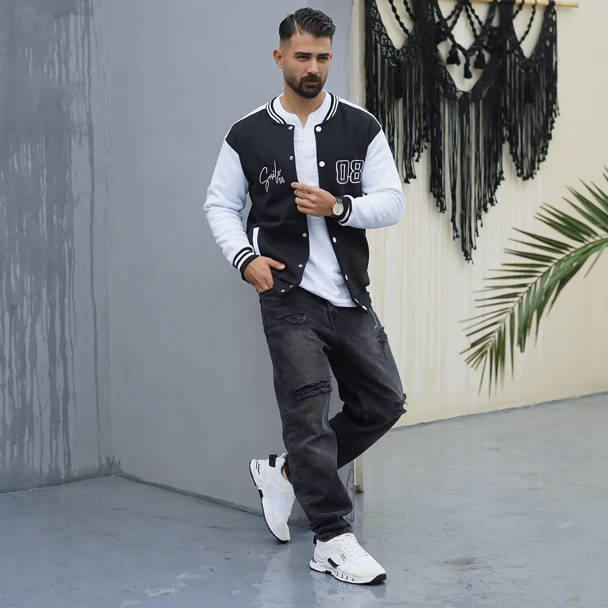 بامبر جکت مردانه مشکی مدل Baseball