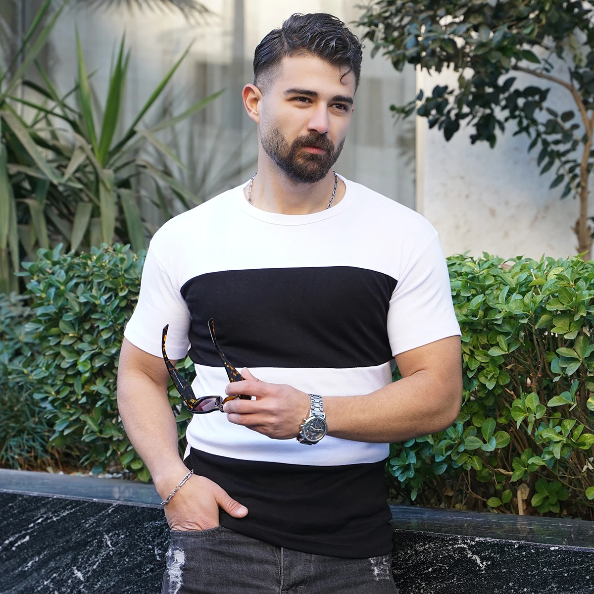 تیشرت مردانه سفید مشکی مدل Dayar