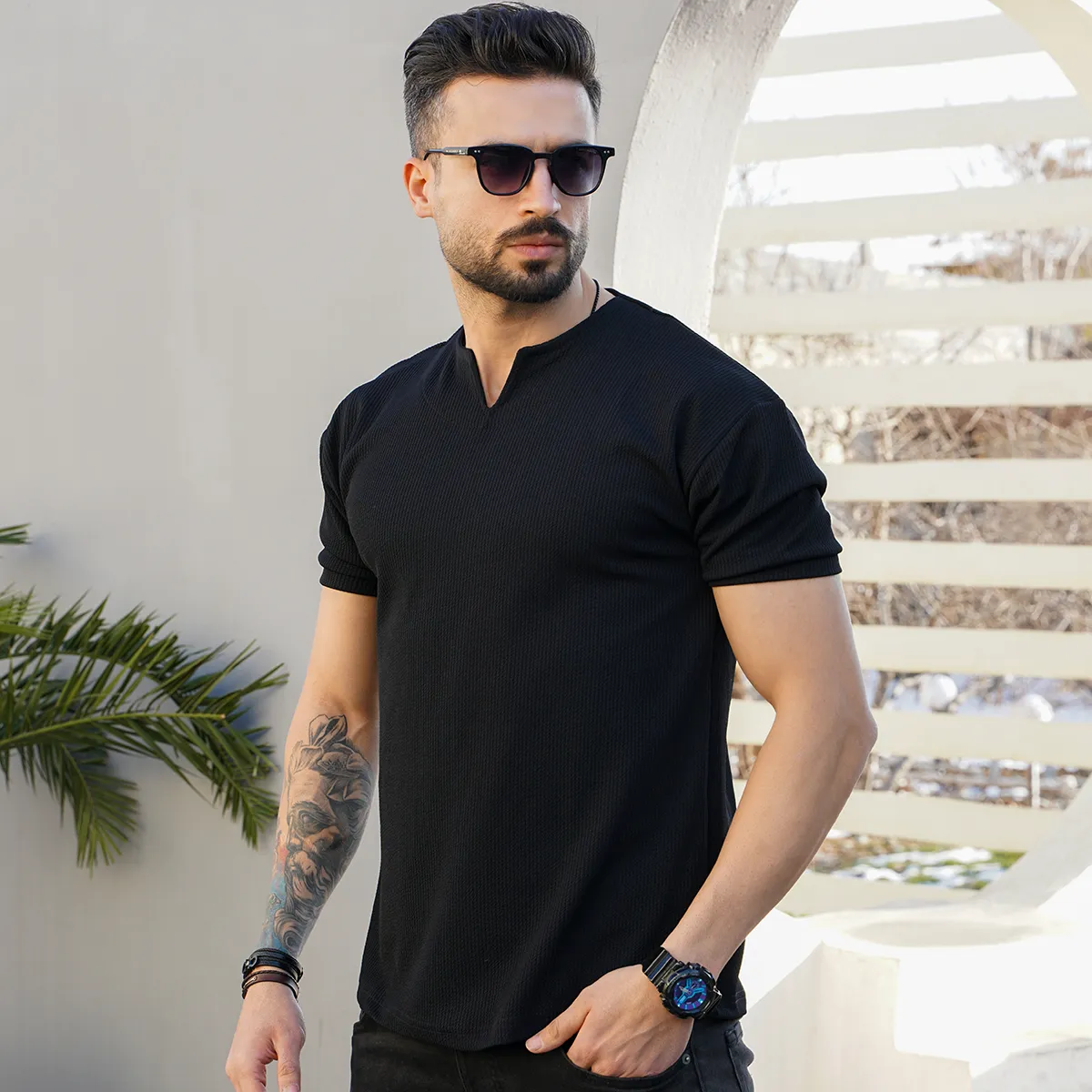 تیشرت آستین کوتاه یقه کوبایی مشکی مردانه مدل Asam