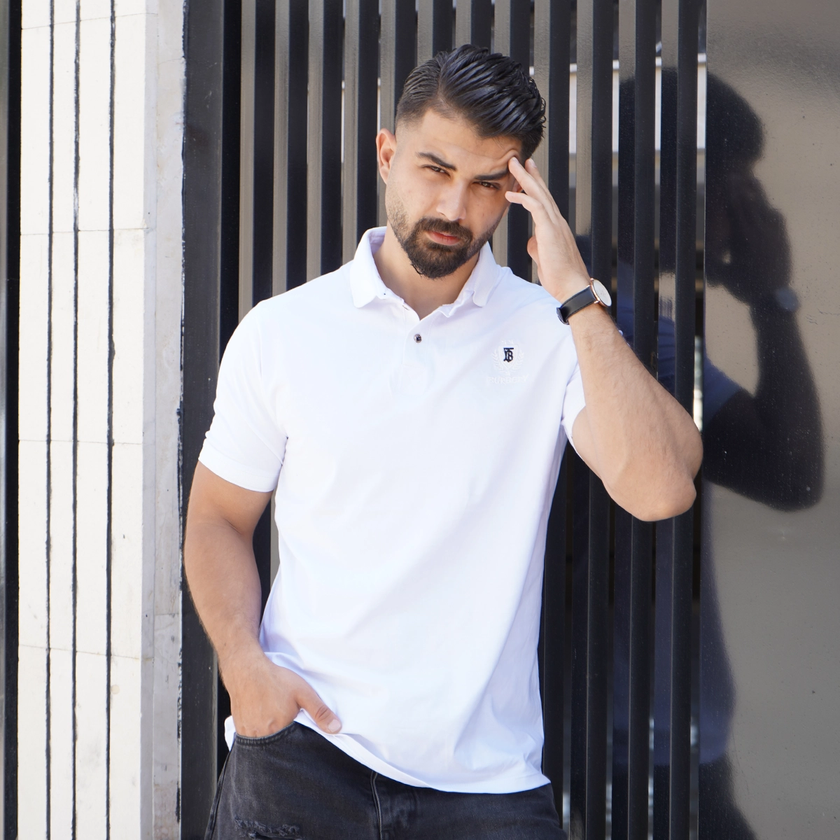 تیشرت یقه دار سفید مردانه مدل Taha