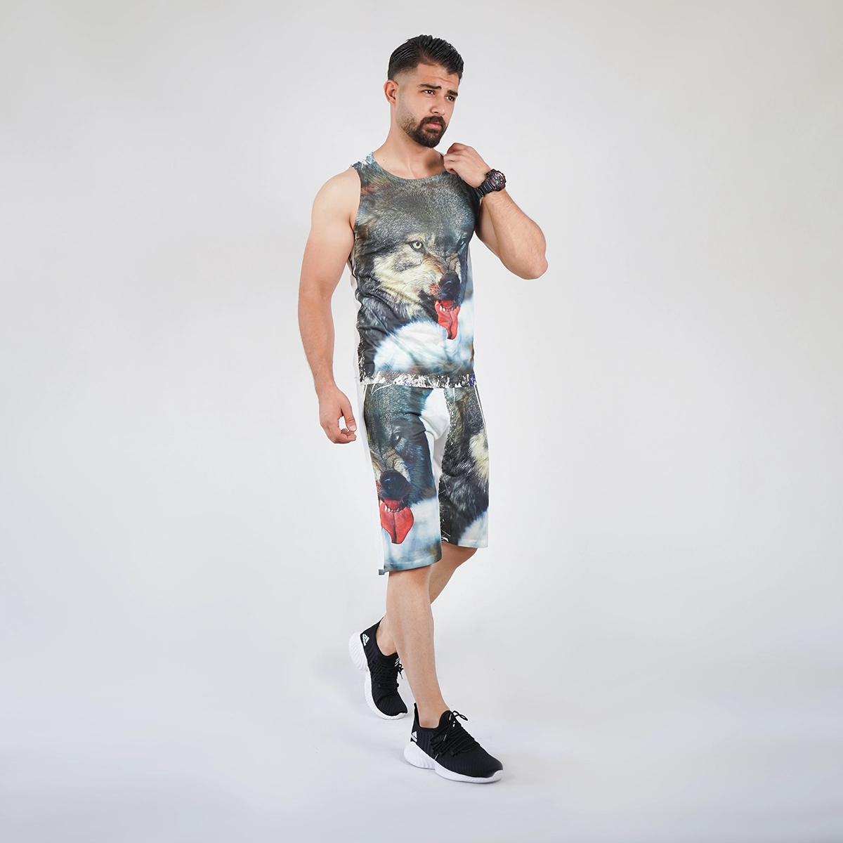 ست رکابی شلوارک مردانه طرح گرگ