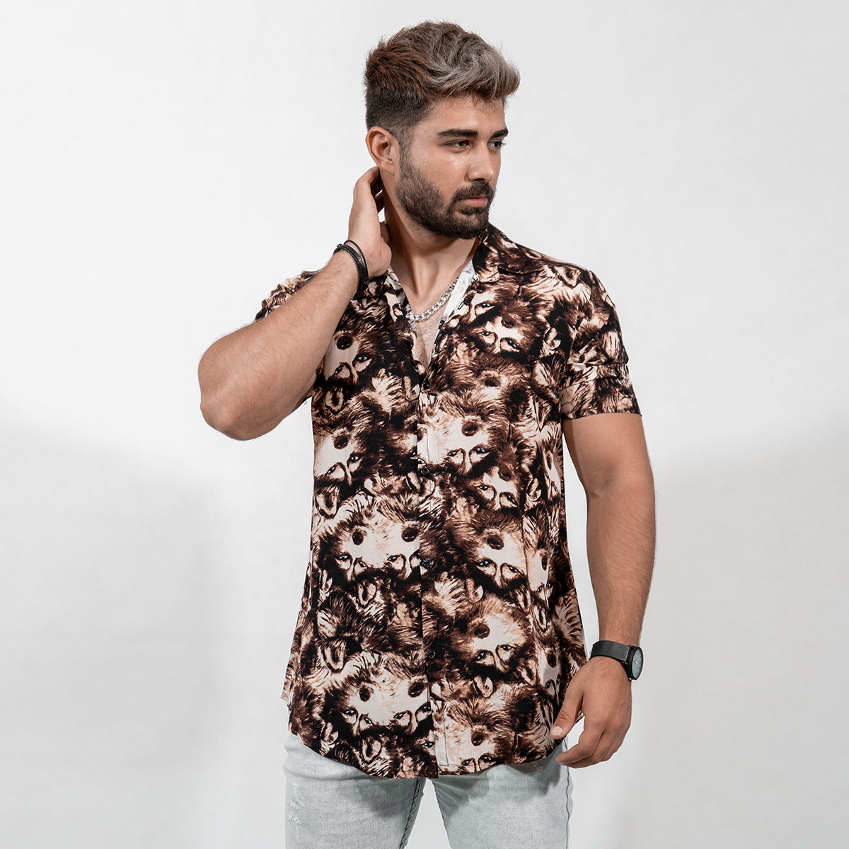 پیراهن هاوایی مردانه مدل Wolf