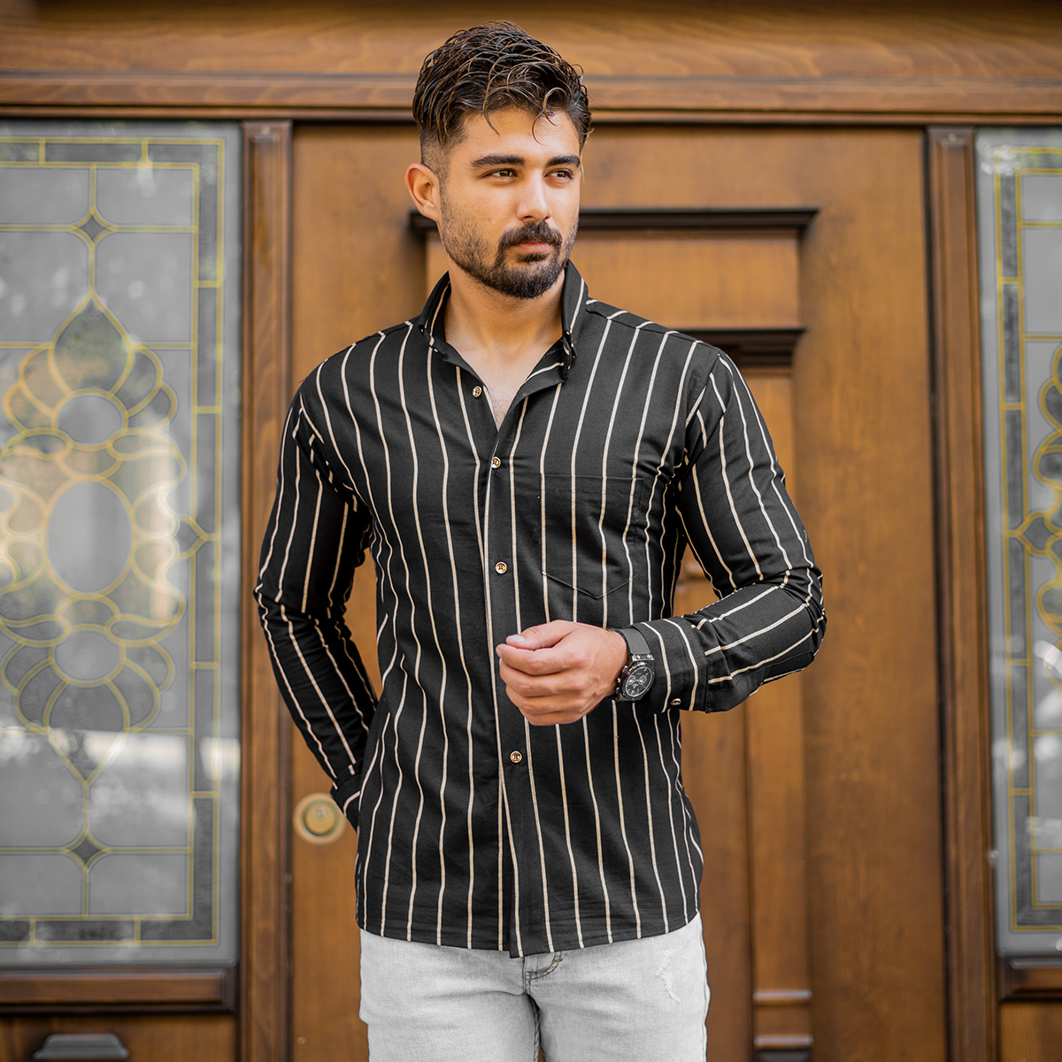 پیراهن مردانه راه راه کرم (T) مدل Rabino